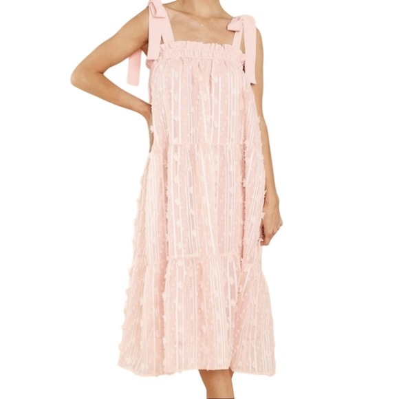 Entro Blush Pink Bow Midi Dress Shoulder Ties Fairy Princess Party - Picture 2 of 9